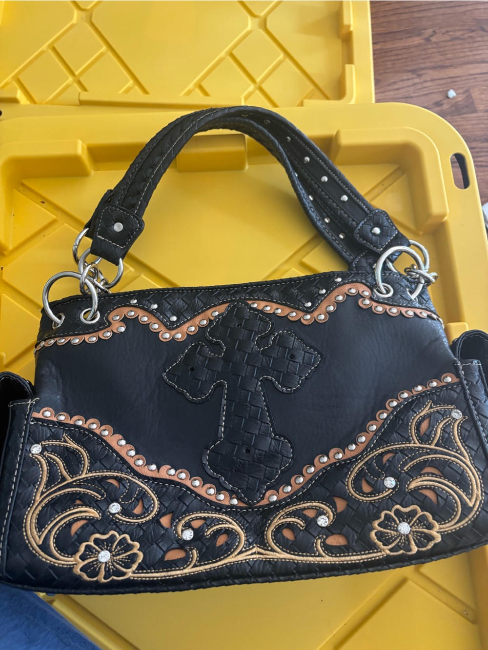 Black Shoulder Bag with Tan Embroidered Accents and Cross Applique